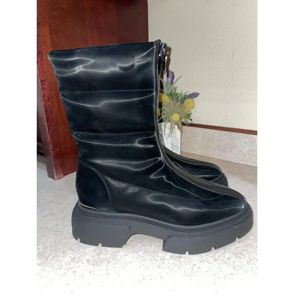 DKNY Fiza Black Platform Zipper Boots Chunky Sole Almond Toe Synthetic US Sz 7.5